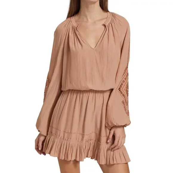 Ramy Brook Emmett Carmel Ruffle Boho Mini Dress Long Sleeve Smocked M Like New - Picture 1 of 9